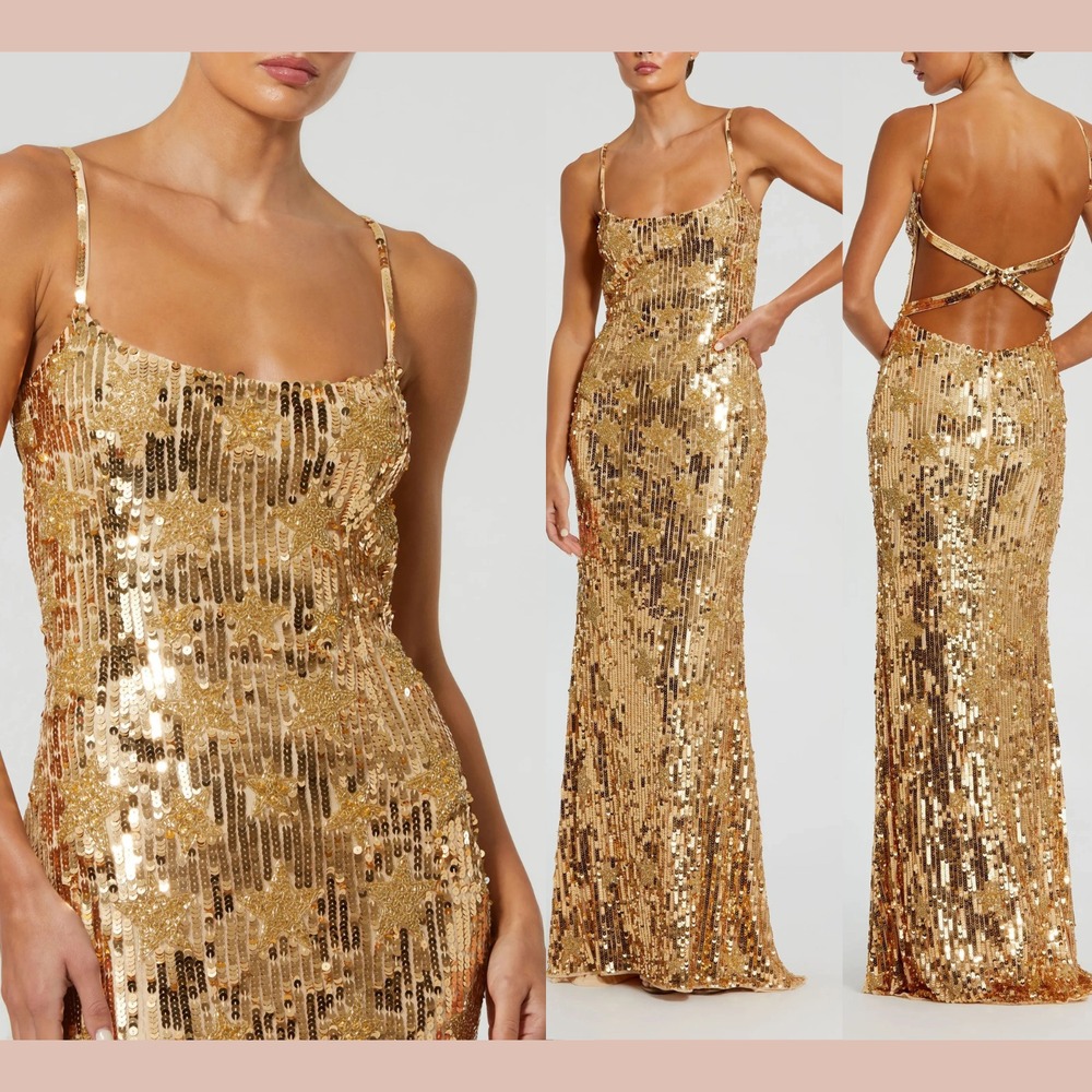 NWT Mac Duggal [ 0 ] 93968 Star Beaded Detail Cross Back Column Gown Gold #J1905